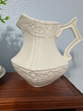 Vintage White Ceramic Creamer Pitcher Embossed Floral Farmhouse Cottage Decor
